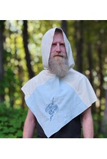 Cloakmakers.com H585-Washable Lightweight Blue & White Cotton Viking Hood w/Sword & Dragon Embroidery