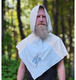 Cloakmakers.com H585-Washable Lightweight Blue & White Cotton Viking Hood w/Sword & Dragon Embroidery