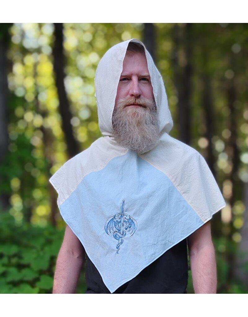 Cloakmakers.com H585-Washable Lightweight Blue & White Cotton Viking Hood w/Sword & Dragon Embroidery