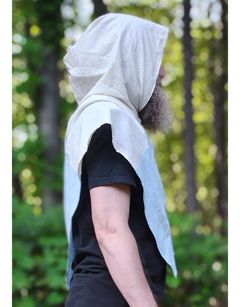 Cloakmakers.com H585-Washable Lightweight Blue & White Cotton Viking Hood w/Sword & Dragon Embroidery