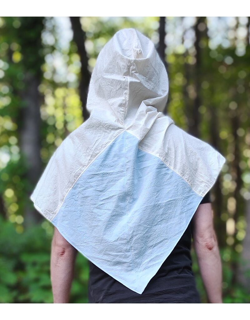 Cloakmakers.com H585-Washable Lightweight Blue & White Cotton Viking Hood w/Sword & Dragon Embroidery