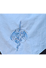 Cloakmakers.com H585-Washable Lightweight Blue & White Cotton Viking Hood w/Sword & Dragon Embroidery