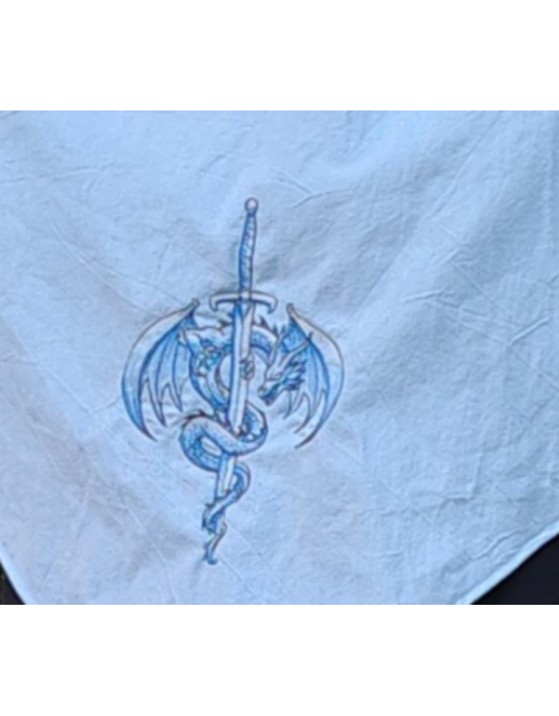 Cloakmakers.com H585-Washable Lightweight Blue & White Cotton Viking Hood w/Sword & Dragon Embroidery