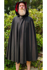 Cloakmakers.com 6083-Washable Midweight Black Wool Blend Cloak w/ Red Velvet Hood Lining & Silver Tone Clasp