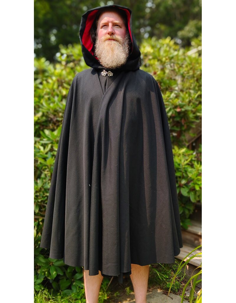 Cloakmakers.com 6083-Washable Midweight Black Wool Blend Cloak w/ Red Velvet Hood Lining & Silver Tone Clasp