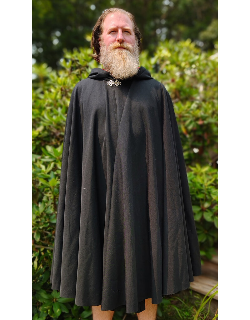 Cloakmakers.com 6083-Washable Midweight Black Wool Blend Cloak w/ Red Velvet Hood Lining & Silver Tone Clasp