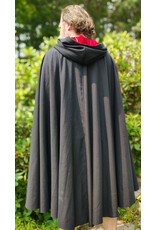 Cloakmakers.com 6083-Washable Midweight Black Wool Blend Cloak w/ Red Velvet Hood Lining & Silver Tone Clasp