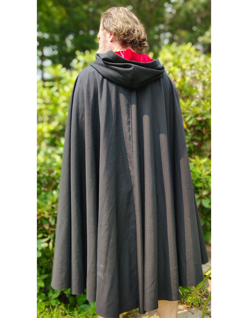 Cloakmakers.com 6083-Washable Midweight Black Wool Blend Cloak w/ Red Velvet Hood Lining & Silver Tone Clasp