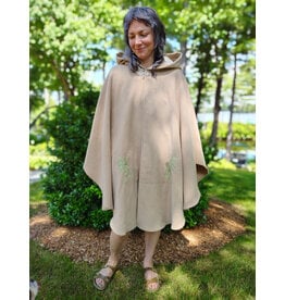 Cloakmakers.com 6084-Washable Beige Wool Cloak w/Green Dragon Embroidery, Pockets, Lined Hood