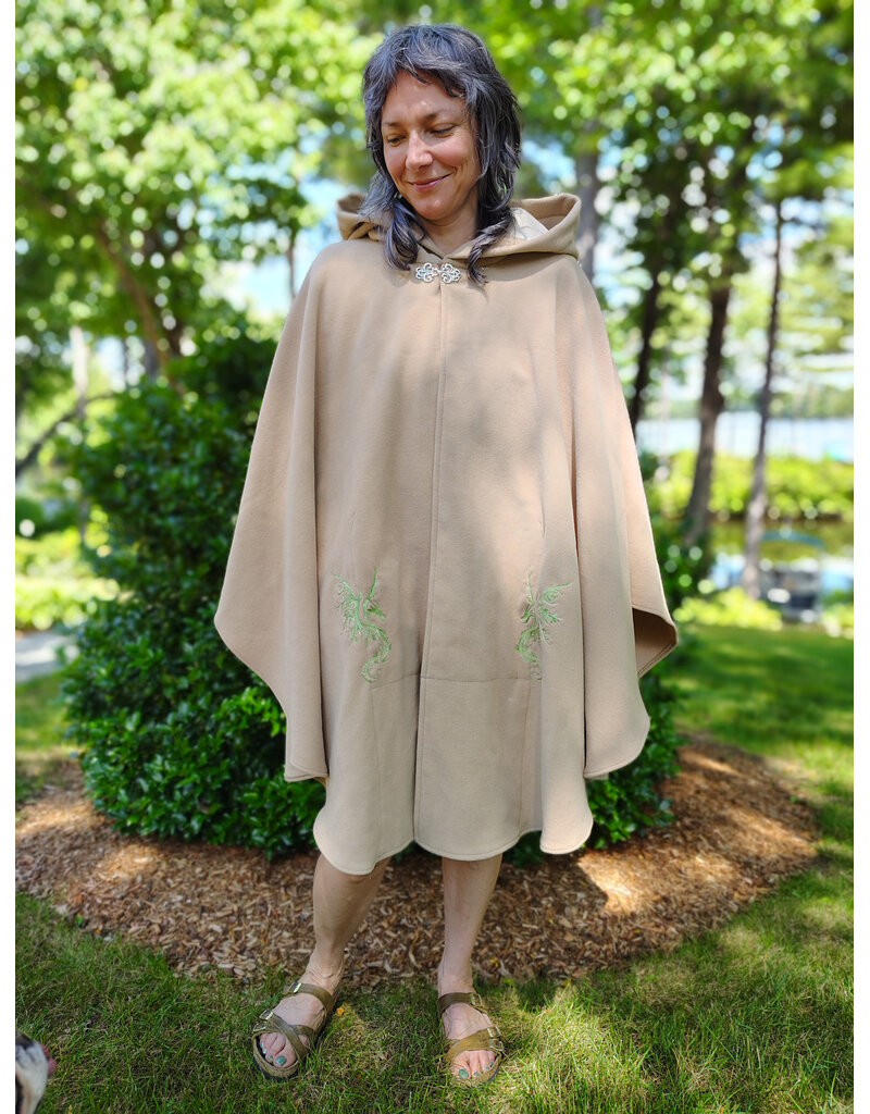 Cloakmakers.com 6084-Washable Beige Wool Cloak w/Green Dragon Embroidery, Pockets, Lined Hood