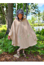 Cloakmakers.com 6084-Washable Beige Wool Cloak w/Green Dragon Embroidery, Pockets, Lined Hood