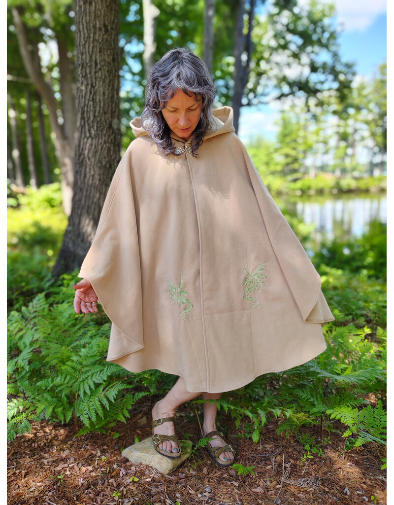 Cloakmakers.com 6084-Washable Beige Wool Cloak w/Green Dragon Embroidery, Pockets, Lined Hood