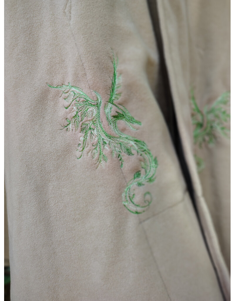 Cloakmakers.com 6084-Washable Beige Wool Cloak w/Green Dragon Embroidery, Pockets, Lined Hood