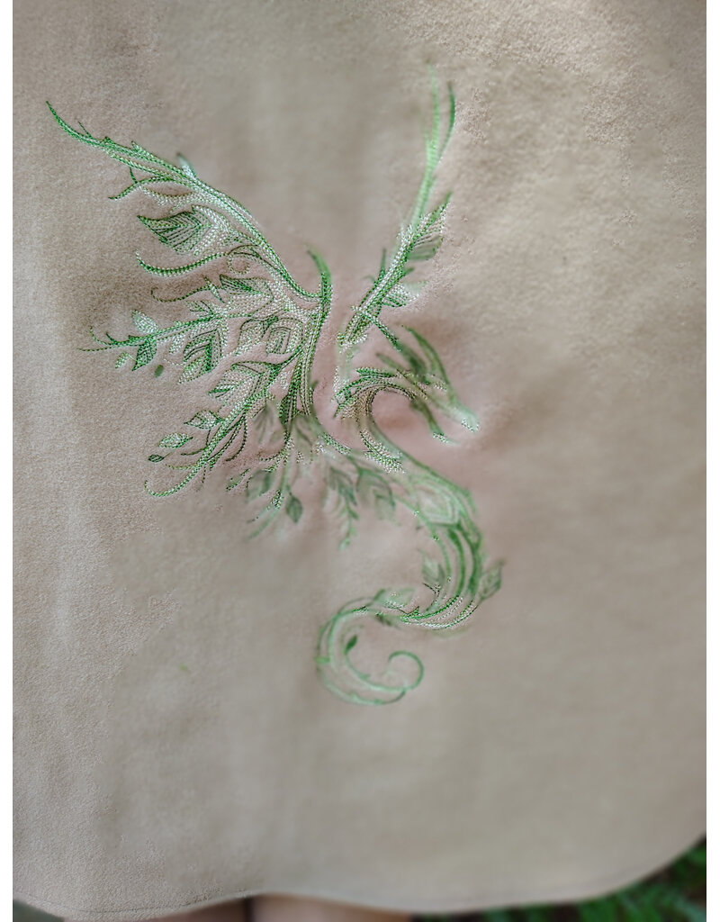 Cloakmakers.com 6084-Washable Beige Wool Cloak w/Green Dragon Embroidery, Pockets, Lined Hood
