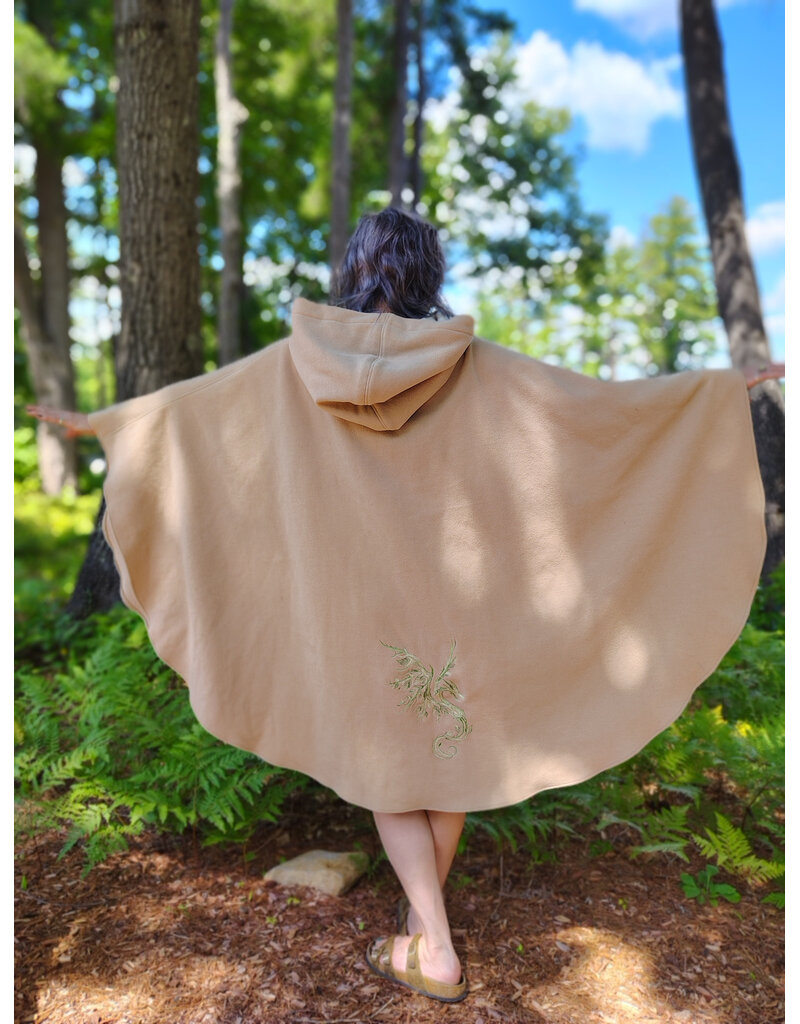 Cloakmakers.com 6084-Washable Beige Wool Cloak w/Green Dragon Embroidery, Pockets, Lined Hood