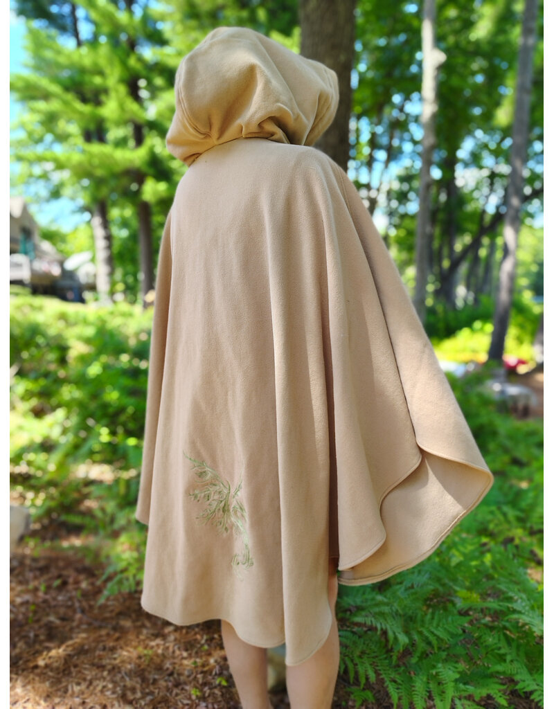 Cloakmakers.com 6084-Washable Beige Wool Cloak w/Green Dragon Embroidery, Pockets, Lined Hood