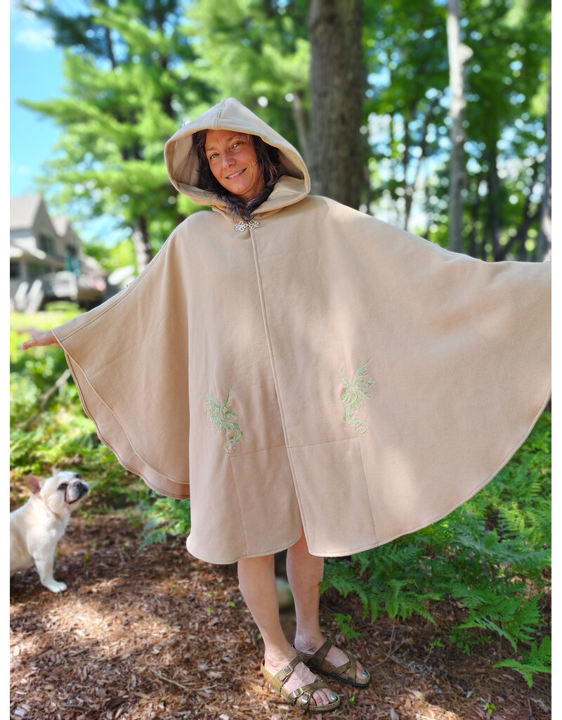 Cloakmakers.com 6084-Washable Beige Wool Cloak w/Green Dragon Embroidery, Pockets, Lined Hood