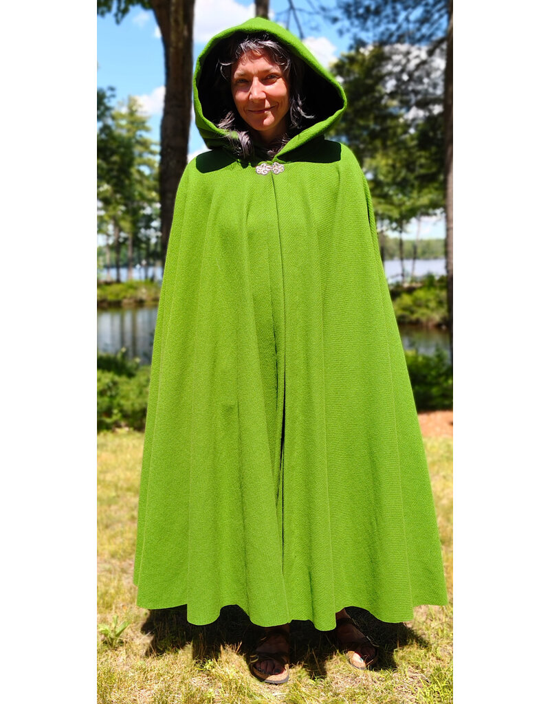Cloakmakers.com 6085-Washable Green Wool Cloak w/ Black Velvet Hood Lining & Silver Tone Clasp