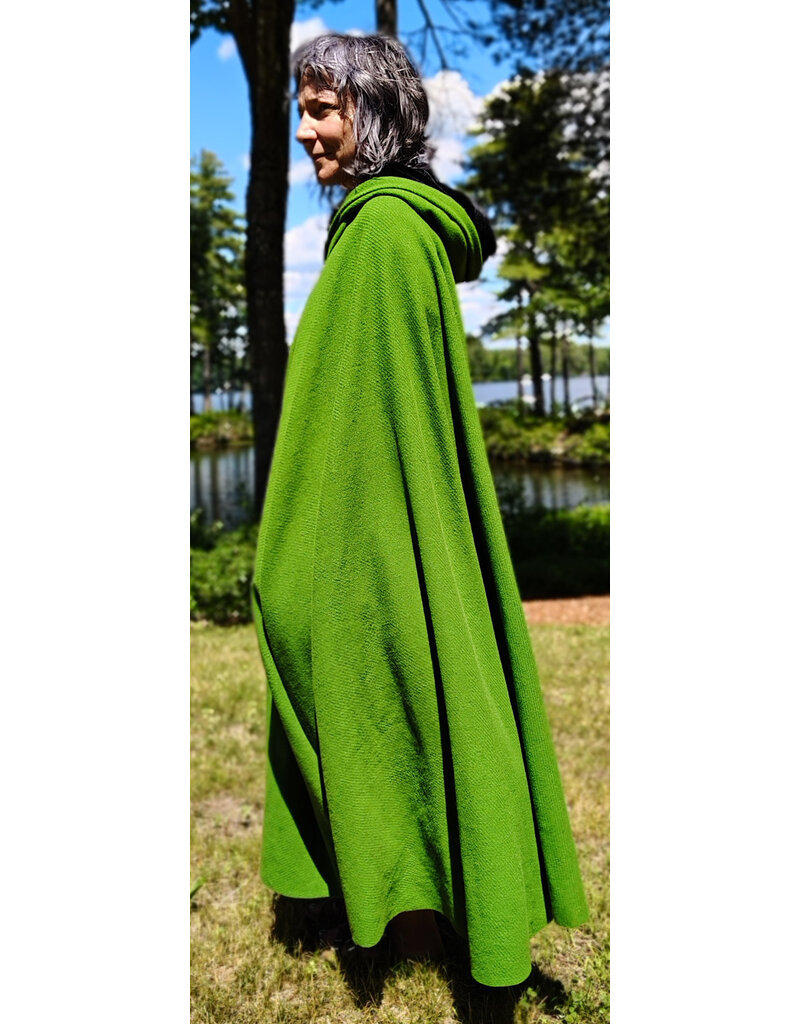 Cloakmakers.com 6085-Washable Green Wool Cloak w/ Black Velvet Hood Lining & Silver Tone Clasp