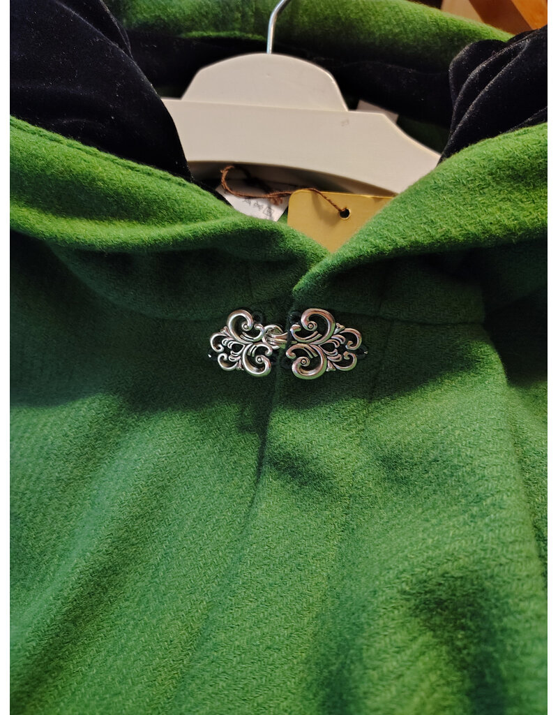 Cloakmakers.com 6085-Washable Green Wool Cloak w/ Black Velvet Hood Lining & Silver Tone Clasp