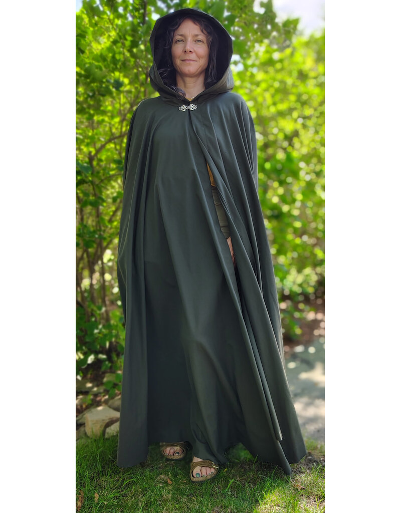 Cloakmakers.com 6086-Washable Dark Green Lightweight Wool Blend Cloak w/ Black Velvet Hood Lining & Silver Tone Clasp