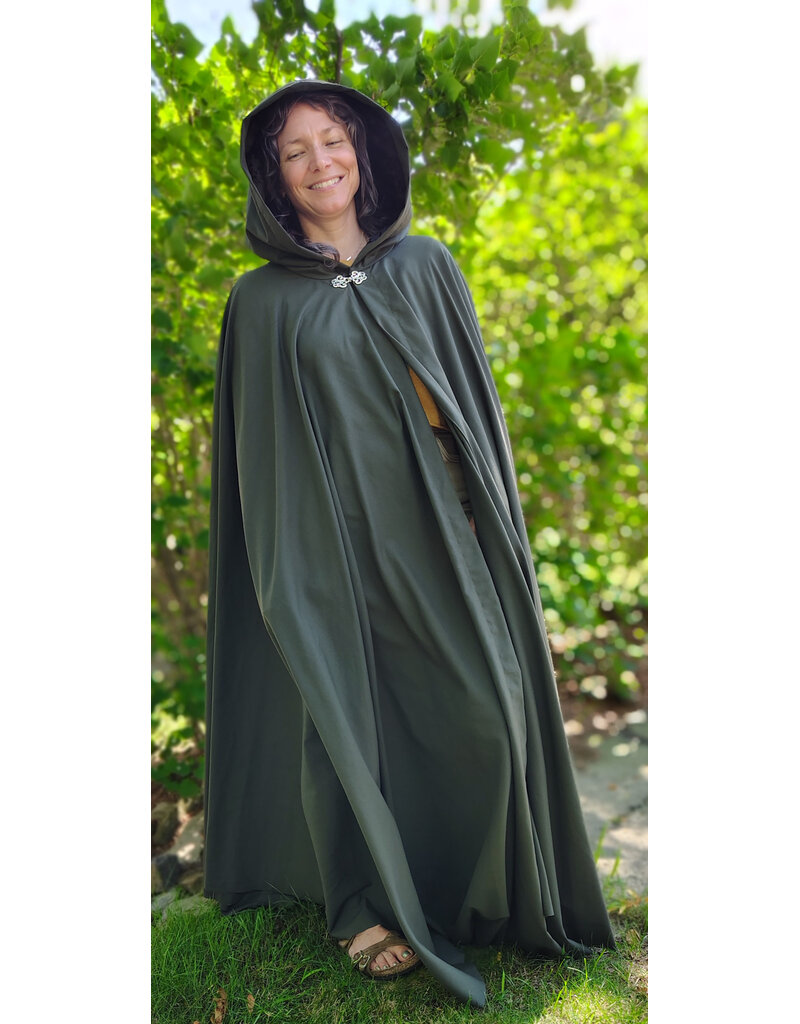 Cloakmakers.com 6086-Washable Dark Green Lightweight Wool Blend Cloak w/ Black Velvet Hood Lining & Silver Tone Clasp