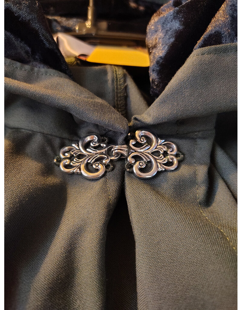 Cloakmakers.com 6086-Washable Dark Green Lightweight Wool Blend Cloak w/ Black Velvet Hood Lining & Silver Tone Clasp