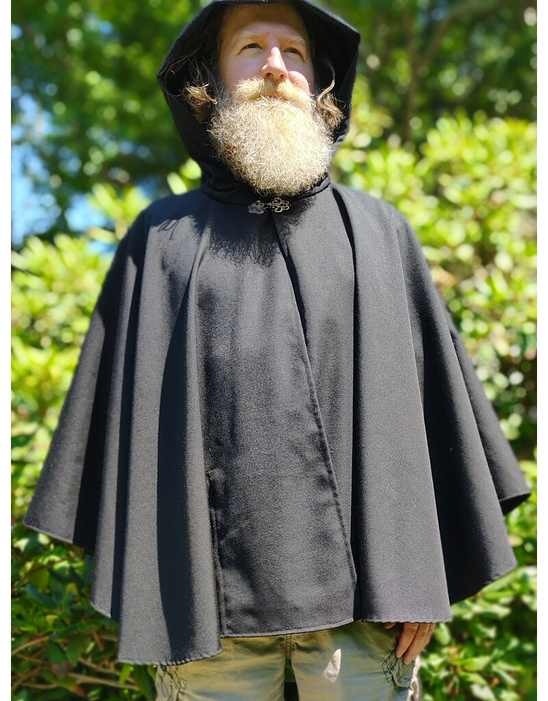 Cloakmakers.com 6088-Washable Black Woven Wool Blend Cloak w/ Black Velvet Hood Lining & Pockets