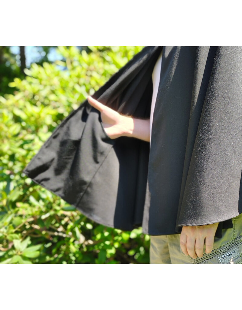 Cloakmakers.com 6088-Washable Black Woven Wool Blend Cloak w/ Black Velvet Hood Lining & Pockets
