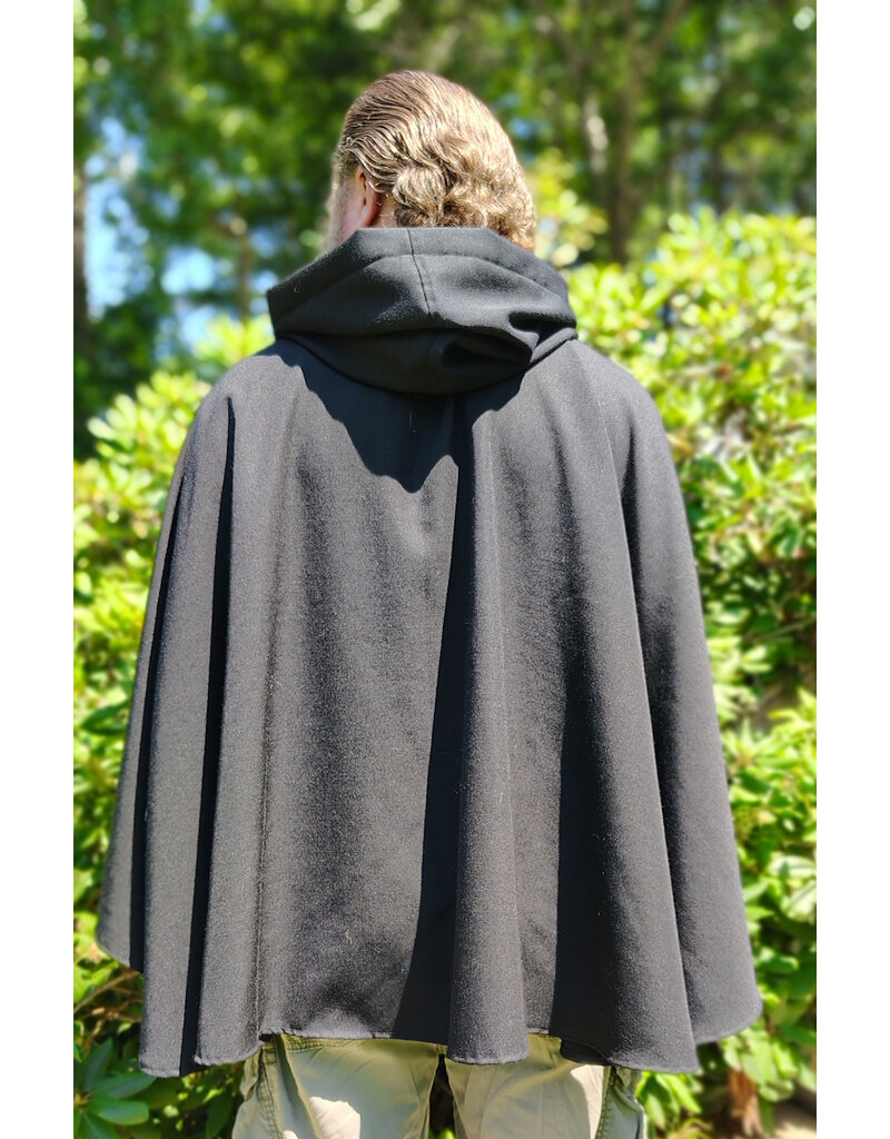 Cloakmakers.com 6088-Washable Black Woven Wool Blend Cloak w/ Black Velvet Hood Lining & Pockets