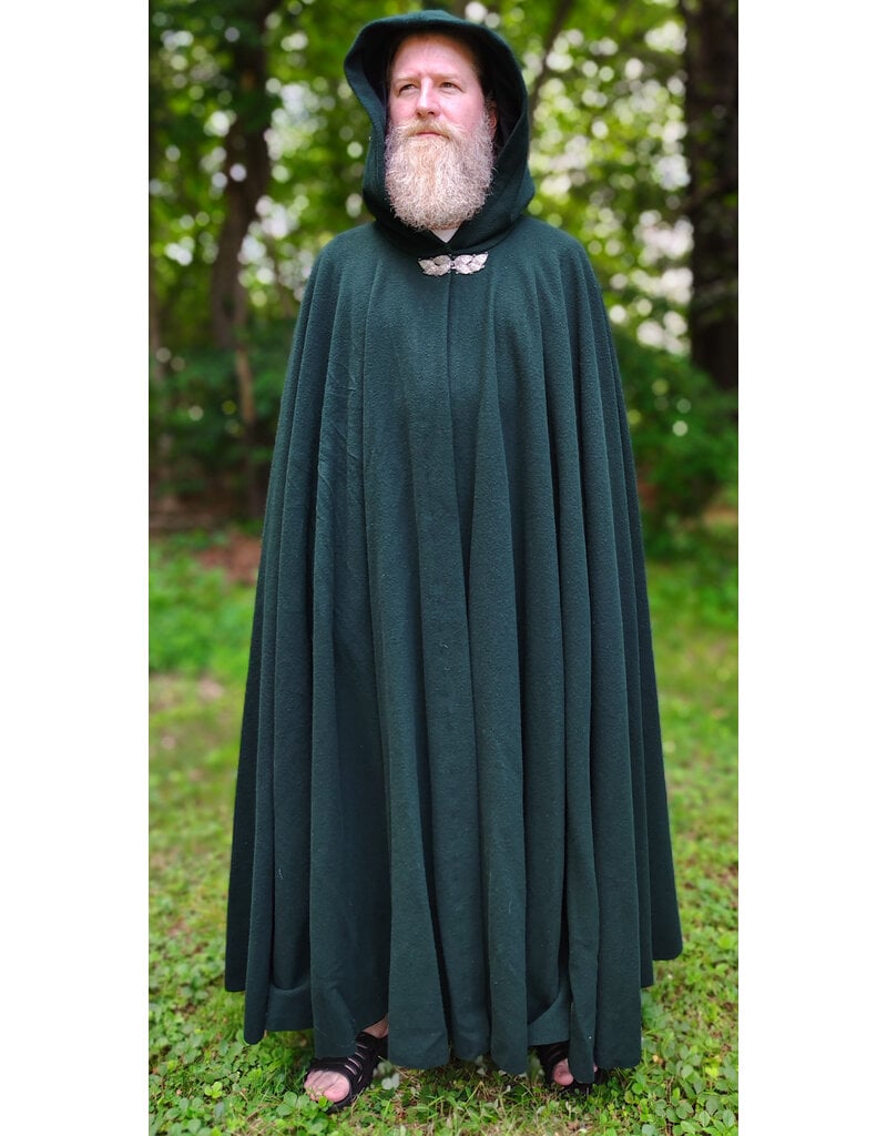 Cloakmakers.com 6090-Washable Long Forest Green Wool Cloak w/ Black Velvet Hood Lining & Multi-Leaf Clasp