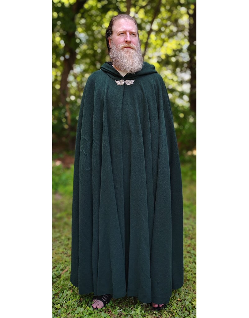 Cloakmakers.com 6090-Washable Long Forest Green Wool Cloak w/ Black Velvet Hood Lining & Multi-Leaf Clasp