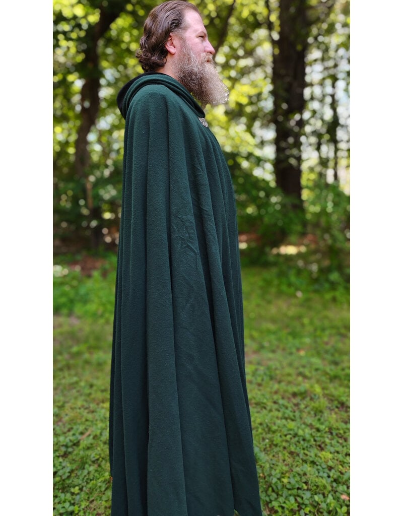 Cloakmakers.com 6090-Washable Long Forest Green Wool Cloak w/ Black Velvet Hood Lining & Multi-Leaf Clasp