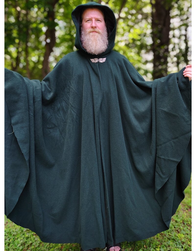 Cloakmakers.com 6090-Washable Long Forest Green Wool Cloak w/ Black Velvet Hood Lining & Multi-Leaf Clasp