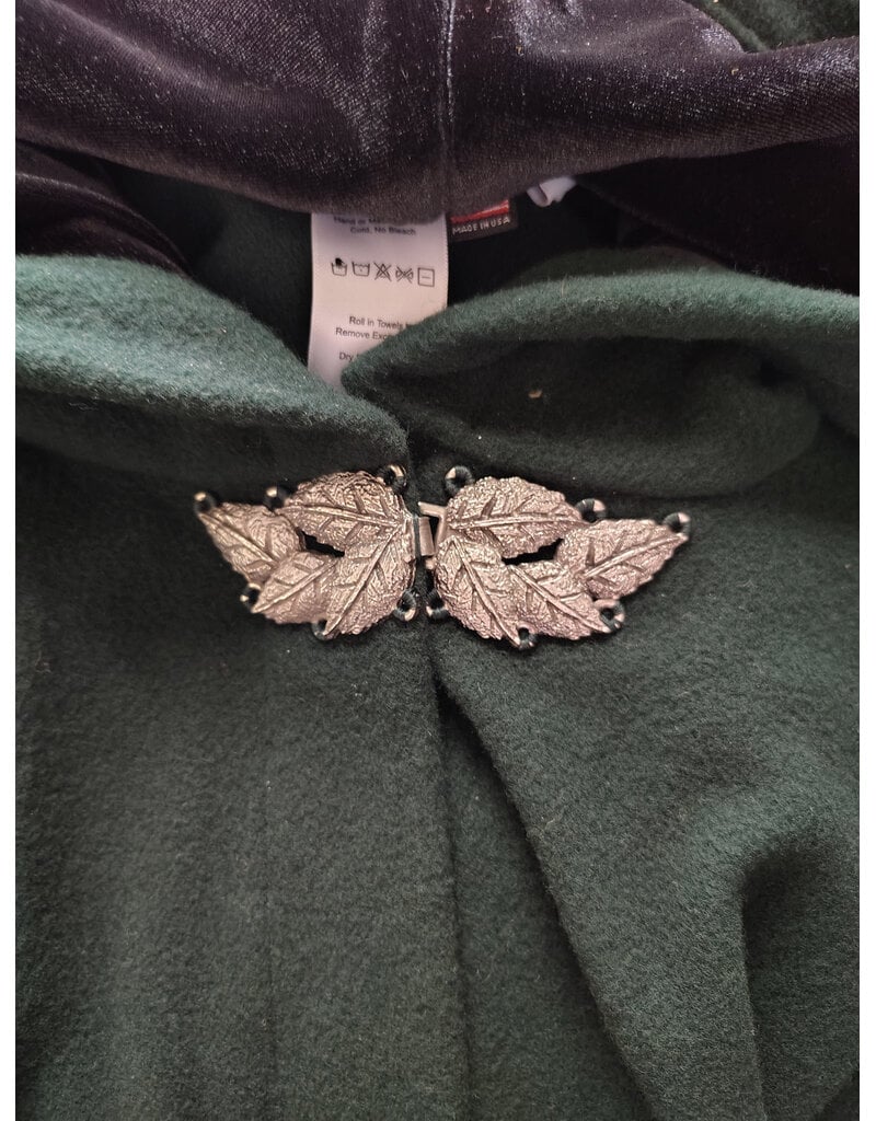 Cloakmakers.com 6090-Washable Long Forest Green Wool Cloak w/ Black Velvet Hood Lining & Multi-Leaf Clasp