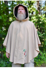 Cloakmakers.com 6092-Washable Beige Wool Cloak w/ Black Velvet Hood Lining & Dual Fox Embroidery & Pockets