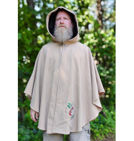 Cloakmakers.com 6092-Washable Beige Wool Cloak w/ Black Velvet Hood Lining & Dual Fox Embroidery & Pockets