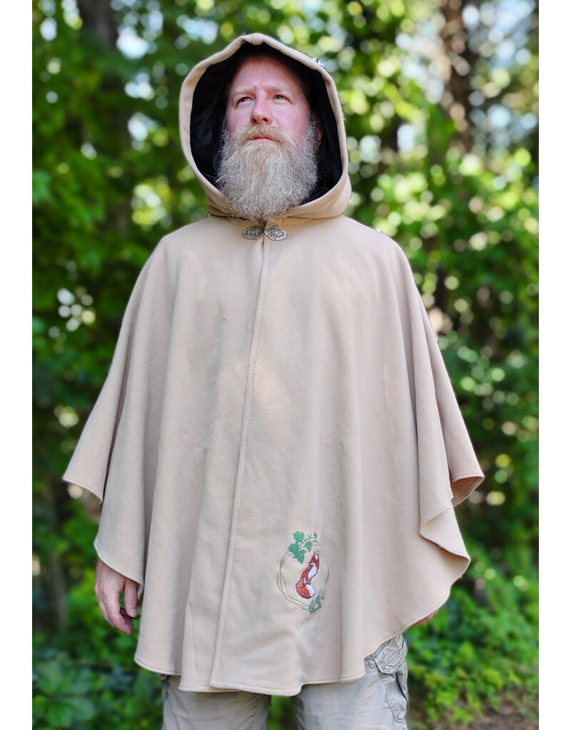 Cloakmakers.com 6092-Washable Beige Wool Cloak w/ Black Velvet Hood Lining & Dual Fox Embroidery & Pockets