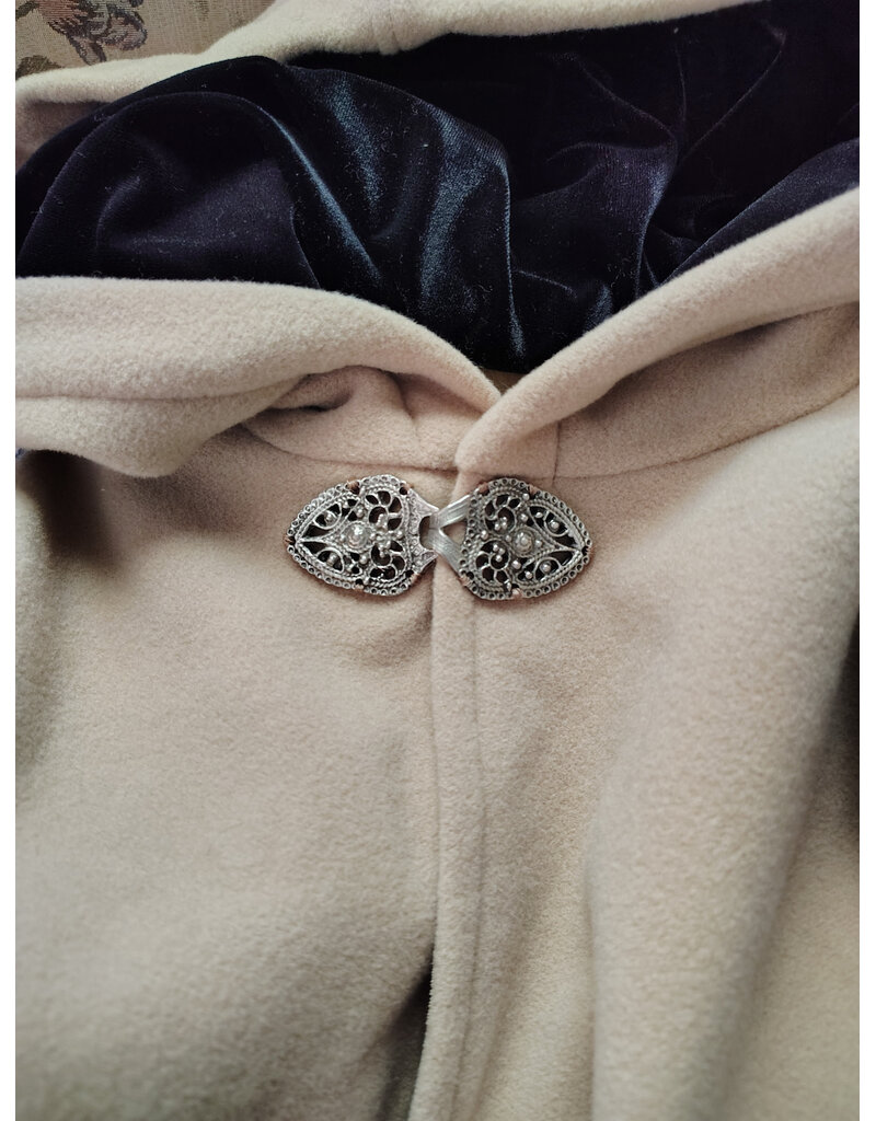 Cloakmakers.com 6092-Washable Beige Wool Cloak w/ Black Velvet Hood Lining & Dual Fox Embroidery & Pockets