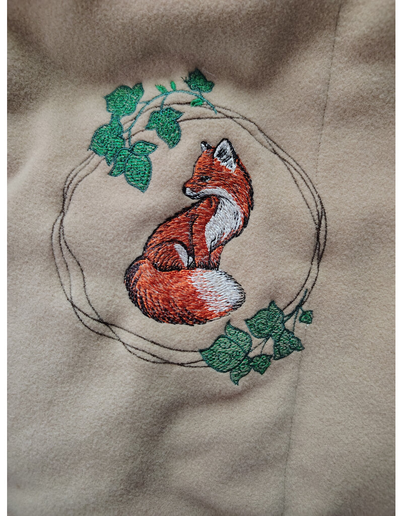 Cloakmakers.com 6092-Washable Beige Wool Cloak w/ Black Velvet Hood Lining & Dual Fox Embroidery & Pockets