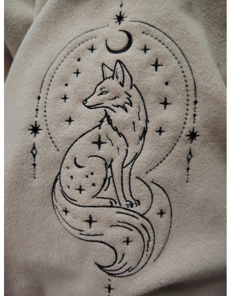 Cloakmakers.com 6092-Washable Beige Wool Cloak w/ Black Velvet Hood Lining & Dual Fox Embroidery & Pockets