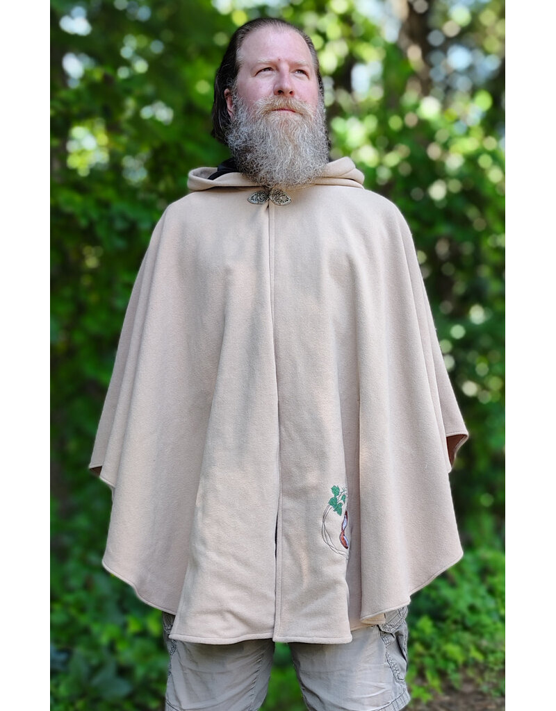 Cloakmakers.com 6092-Washable Beige Wool Cloak w/ Black Velvet Hood Lining & Dual Fox Embroidery & Pockets