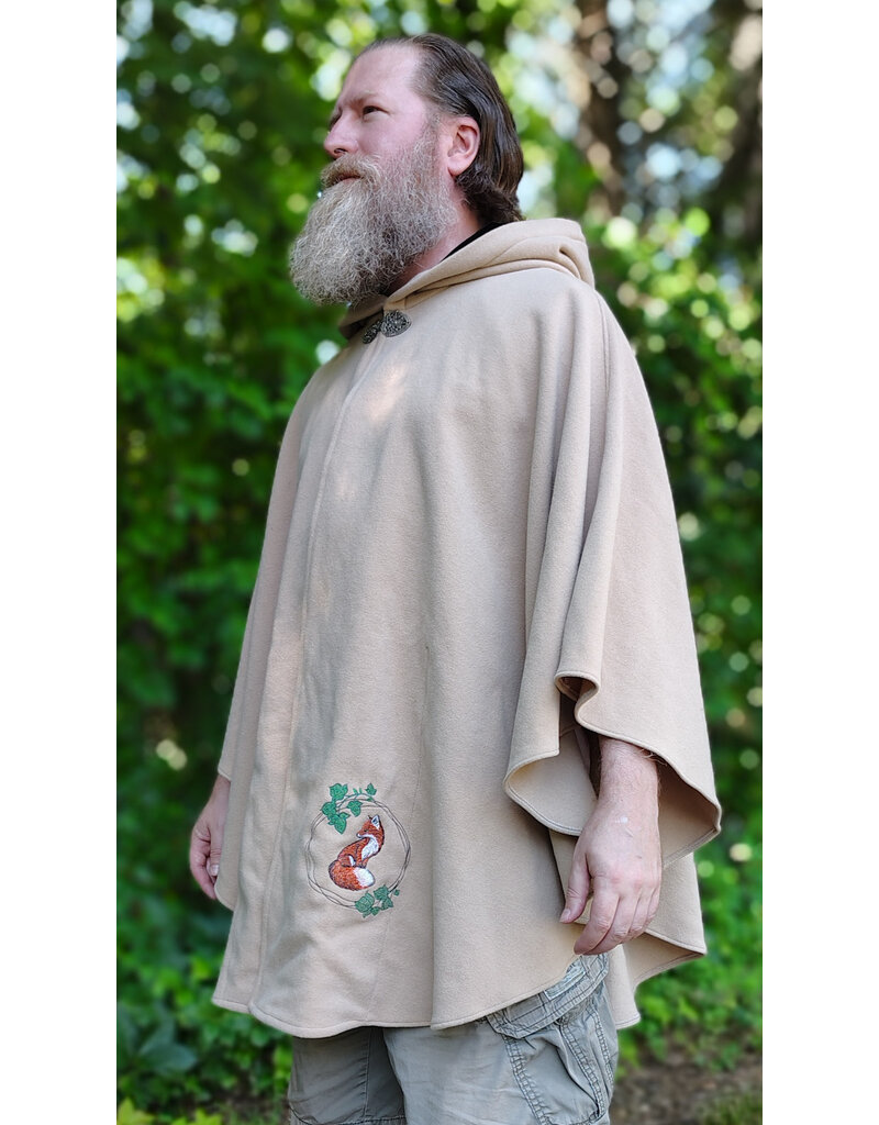 Cloakmakers.com 6092-Washable Beige Wool Cloak w/ Black Velvet Hood Lining & Dual Fox Embroidery & Pockets