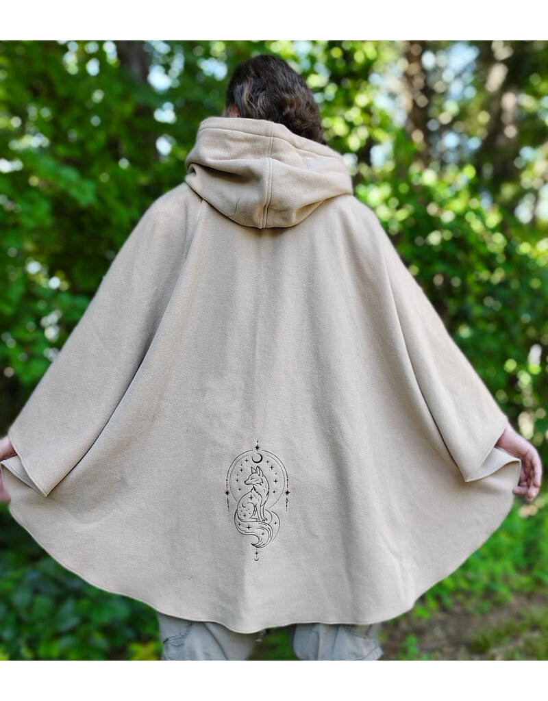 Cloakmakers.com 6092-Washable Beige Wool Cloak w/ Black Velvet Hood Lining & Dual Fox Embroidery & Pockets