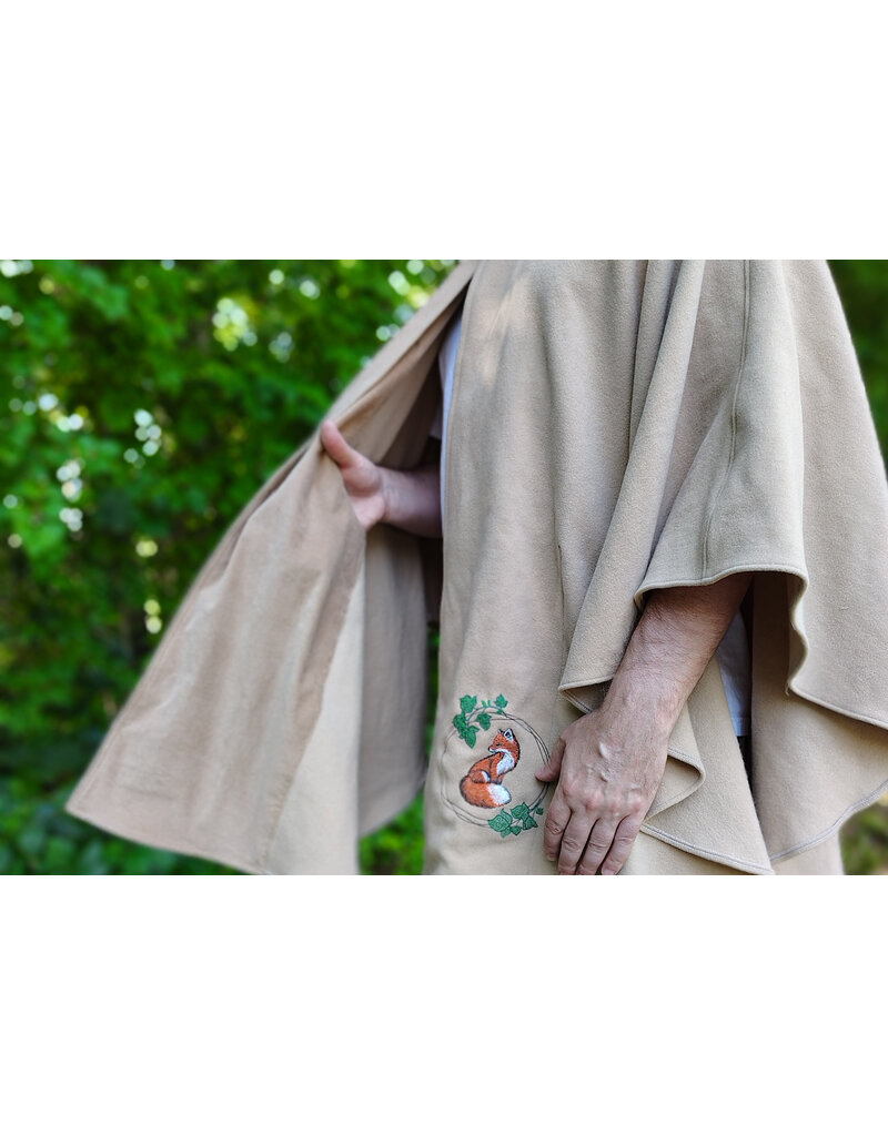 Cloakmakers.com 6092-Washable Beige Wool Cloak w/ Black Velvet Hood Lining & Dual Fox Embroidery & Pockets
