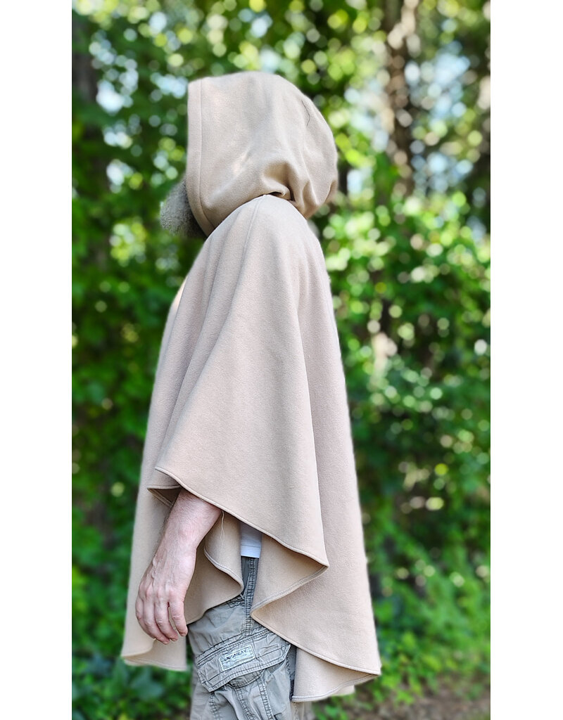 Cloakmakers.com 6092-Washable Beige Wool Cloak w/ Black Velvet Hood Lining & Dual Fox Embroidery & Pockets