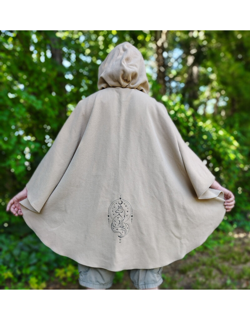 Cloakmakers.com 6092-Washable Beige Wool Cloak w/ Black Velvet Hood Lining & Dual Fox Embroidery & Pockets