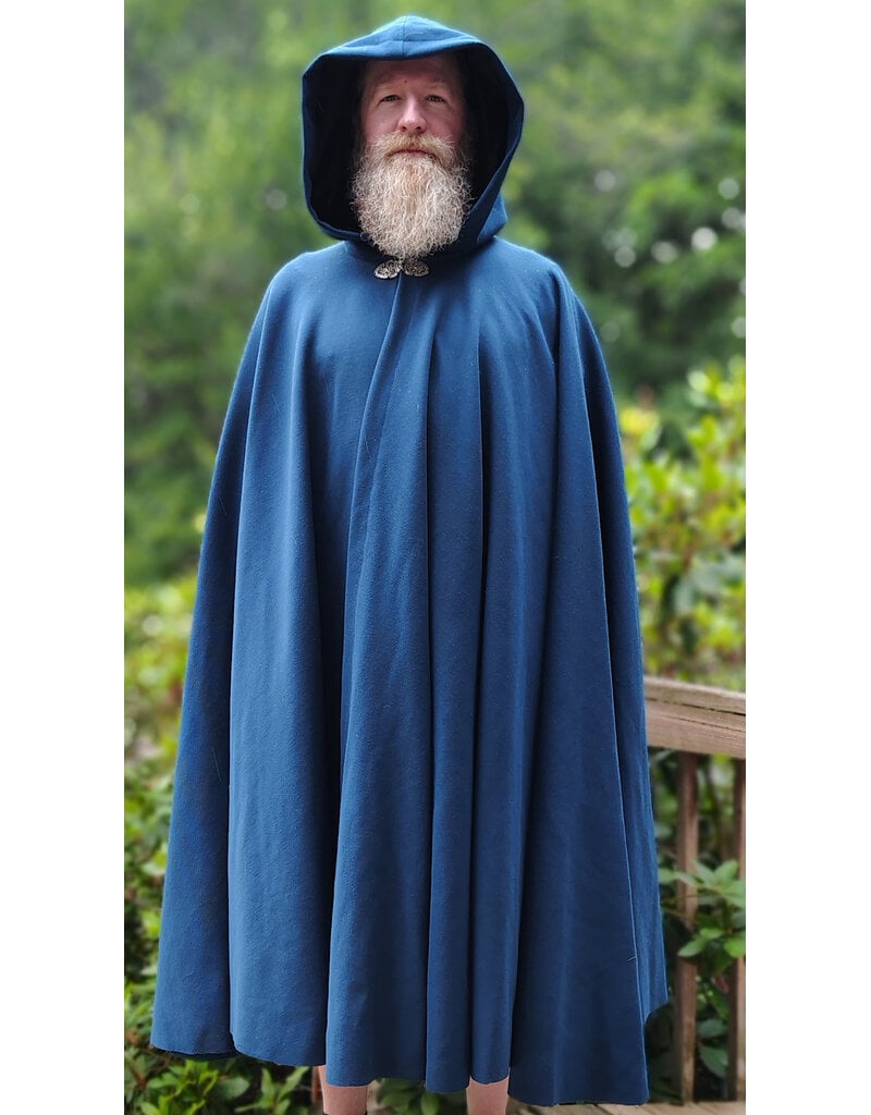 Cloakmakers.com 6093-Washable Blue Woven Wool Cloak w/ Black Velvet Hood Lining & Gothic Rose Clasp