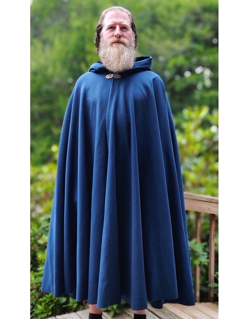 Cloakmakers.com 6093-Washable Blue Woven Wool Cloak w/ Black Velvet Hood Lining & Gothic Rose Clasp
