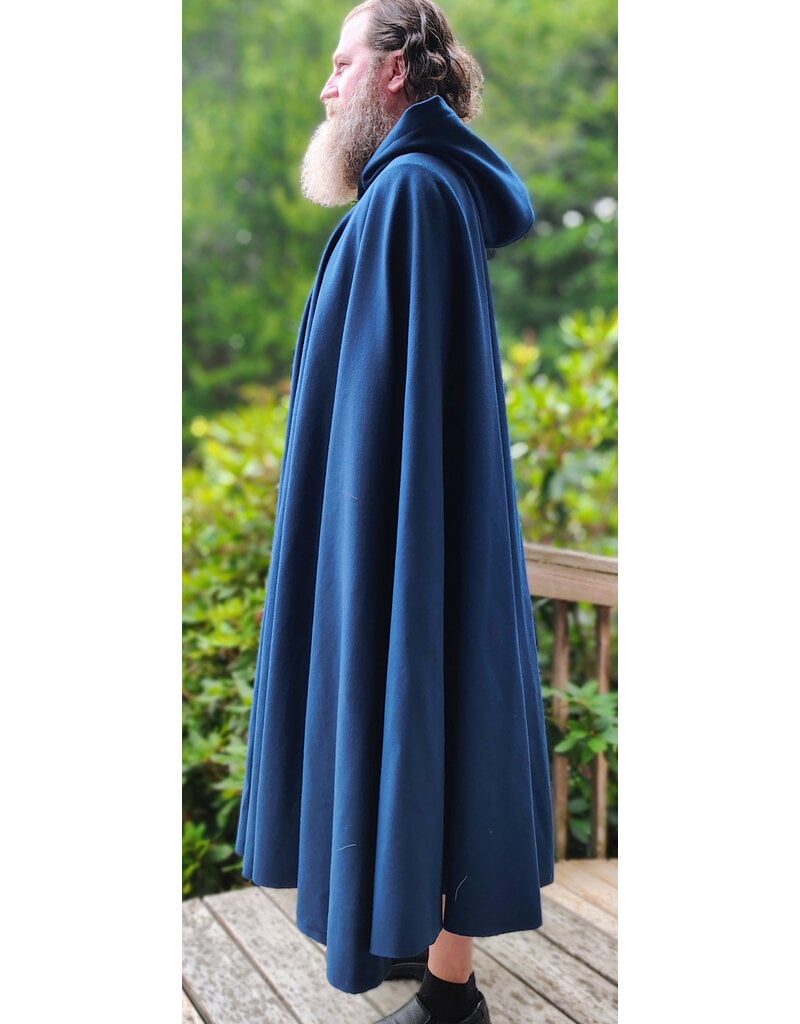 Cloakmakers.com 6093-Washable Blue Woven Wool Cloak w/ Black Velvet Hood Lining & Gothic Rose Clasp